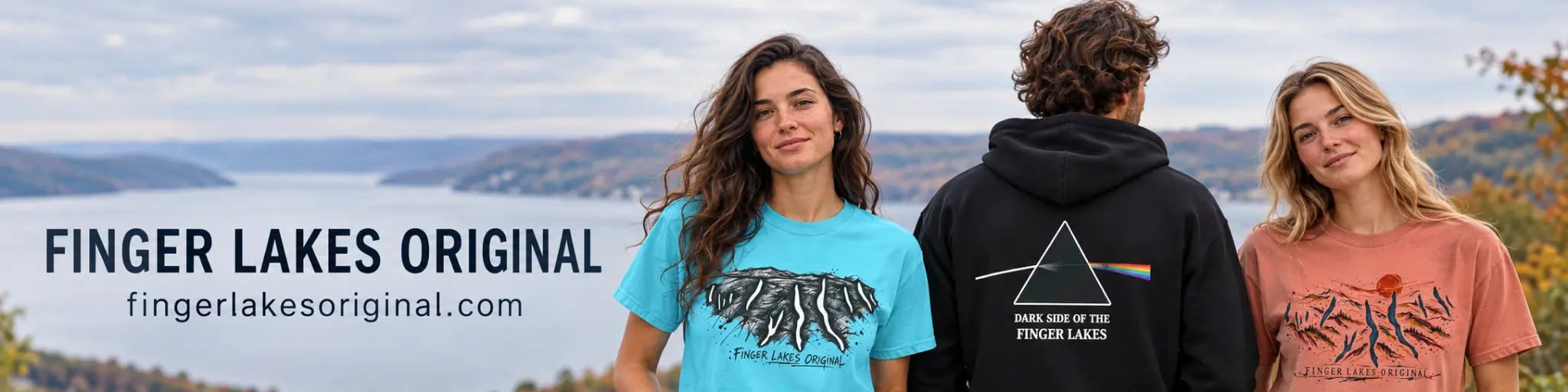 Finger Lakes Original apparel overlooking a Finger Lake.